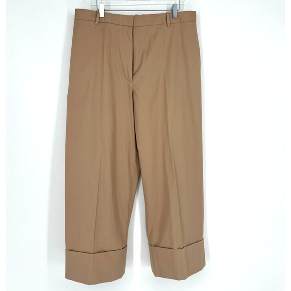 The Row Pants Womens 12 Brown Beige Cuff Trouser Carter Cotton Wide Leg